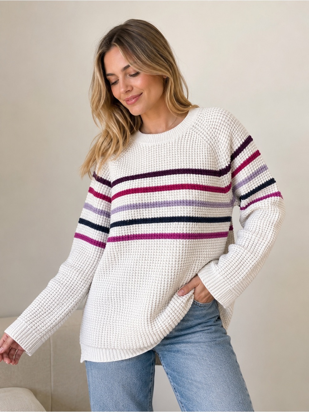 Marine Layer Ivory Waffle Crew with Purple, Magenta & Navy Stripes